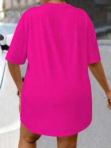 SHEIN LUNE 大码女式骷髅印花圆领短袖休闲 T 恤 - 玫紅色 - 查看 2