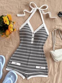 Soleia Bộ đồ liền thân trang trí khóa kim loại hình trái tim sọc đen trắng cổ điển - Đen và trắng - Xem 3