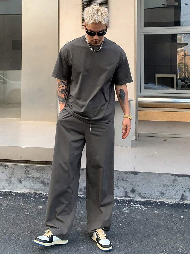 2pcs/Set Men's Solid Color Short Sleeve T-Shirt And Pants, Summer, Cozy Outfits