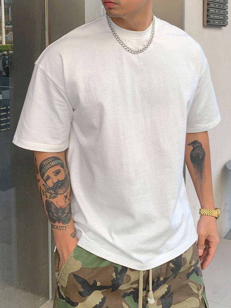 DAZY Simple Solid White Summer T-Shirt For Men - White - View 1