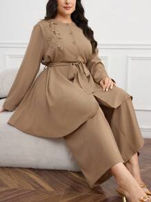 Veilorie Plus Size Women Embroidered Dress With Wide Leg Pleated Pants 2 Pieces Set - Apricot - View 5