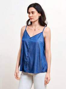 SHEIN LUNE 素色紐扣細節吊帶上衣 - 藍色 - 查看 6