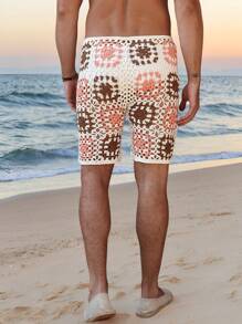 Manfinity RSRT Men's Vacation Casual Contrast Color Hollow Out Knit Shorts Crochet Beach Shorts Men Swim Trunks