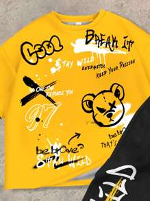 SHEIN Tween Boys Casual & Cool Bear Graphic And Text Slogan T-Shirt With Flared Pants 2pcs Set, Suitable For Spring/Summer - Multicolor - View 4