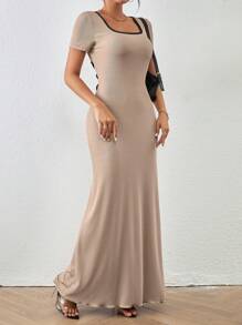 SHEIN Clasi Vestido maxi elegante y ajustable de cintura entallada de cuello cuadrado de color liso para mujer, vestido bohemio/boho/de festival de verano largo para mujer