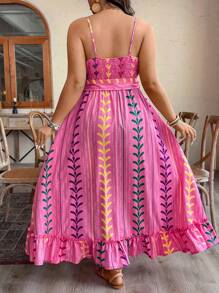 Breezaya Plus Size Print Cinched Waist Sleeveless Maxi Dress, Casual Vacation Summer Style