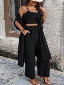 SHEIN LUNE 大码女式三件套：纯色系肩短袖长款和服罩衫、合身吊带背心和宽腿宽松裤