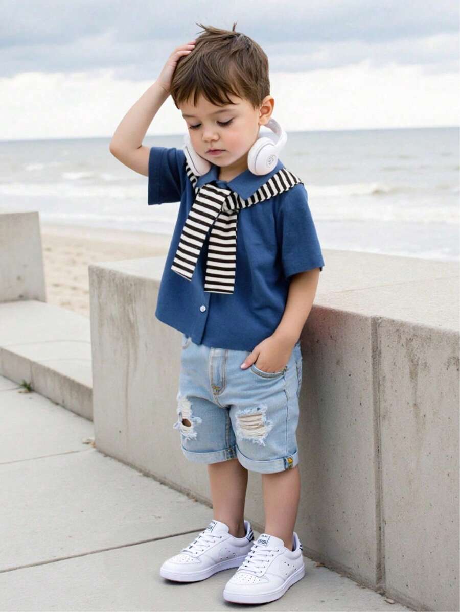 SHEIN Baby Boy 2pcs Set: Short Sleeve Top And Striped Cape - Blue - View 1