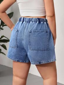SHEIN CURVE+ Women's Blue Plus Size Denim Shorts Elastic Waistband Loose And Comfortable Shorts Summer Outfits, Curve Plus, Boho Vacation - Medium Wash - View 4