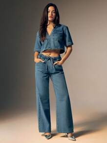 Denimoi Casual Washed Loose Drawstring Waist Straight Leg Jeans - Light Wash - View 3