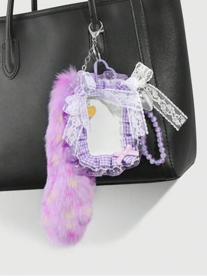 Kawaii 1pc Korean Fashion Versatile Elegant Handcrafted Purple Fuzzy Pom Pom Animal Tail, Faux Crystal Cat Eye Beads, White Mesh Bow, CCB Rhinestone Heart Star Flower Keychain & Card Holder Accessories, Suitable For Women And Girls Daily Wear, Gift