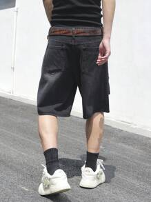 Manfinity EMRG Plus Size Men's Simple Fashion Casual Black Denim Cargo Shorts, Suitable For Summer - Black - View 2