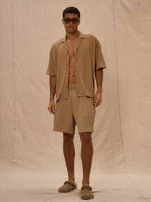 Drawstring Waist Waffle Textured Shorts Only Spring Summer Vacation - Khaki - View 1