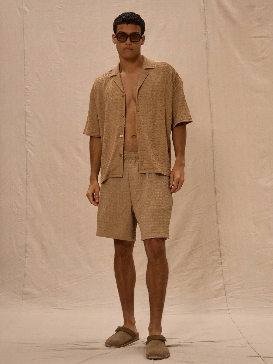 Drawstring Waist Waffle Textured Shorts Only Spring Summer Vacation - Khaki - View 1