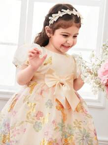 Cute Baby Girl Elegant Butterfly Pattern Organza Short Sleeve Dress, Summer