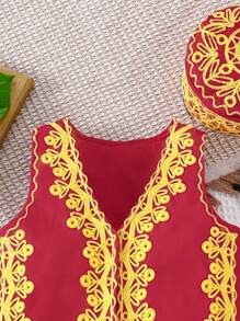 2 件男婴复古图案全身手工刺绣背心上衣 + 帽子服装，6 个月至 3 岁 - 紅色 - 查看 4