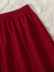 2pcs 2025 Spring/Summer New Casual Comfortable Resort Ruffled Sleeve Red Tween Girl Set, Suitable For Daily Wear, Outdoor Activities, And Family Holiday Gatherings - Burgundy - View 8