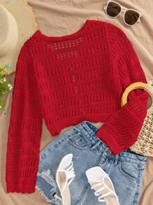 Travachic Áo len cardigan dệt kim khoét lỗ màu trơn đơn giản cho nữ, áo len dệt kim cho mùa thu/đông - Đỏ - Xem 2