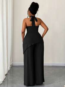 Maweii Plus Size Women Solid Color Knit Halter Backless Asymmetrical Pleats Top And Wide Leg Pants Two Pieces Set - Black - View 2