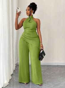 Maweii 2pcs/Set Plus Size Women Solid Color Knit Halter Asymmetrical Ruched Top And Wide Leg Pants Set