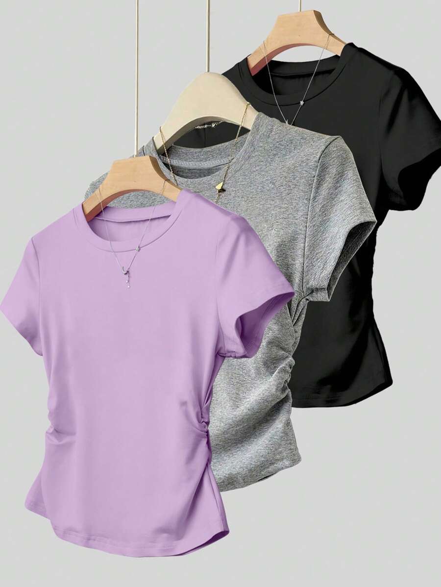 SHEIN Explorewe 3 件套少女休闲简约纯色套装：短袖 T 恤和松紧腰带 - 彩色 - 查看 1