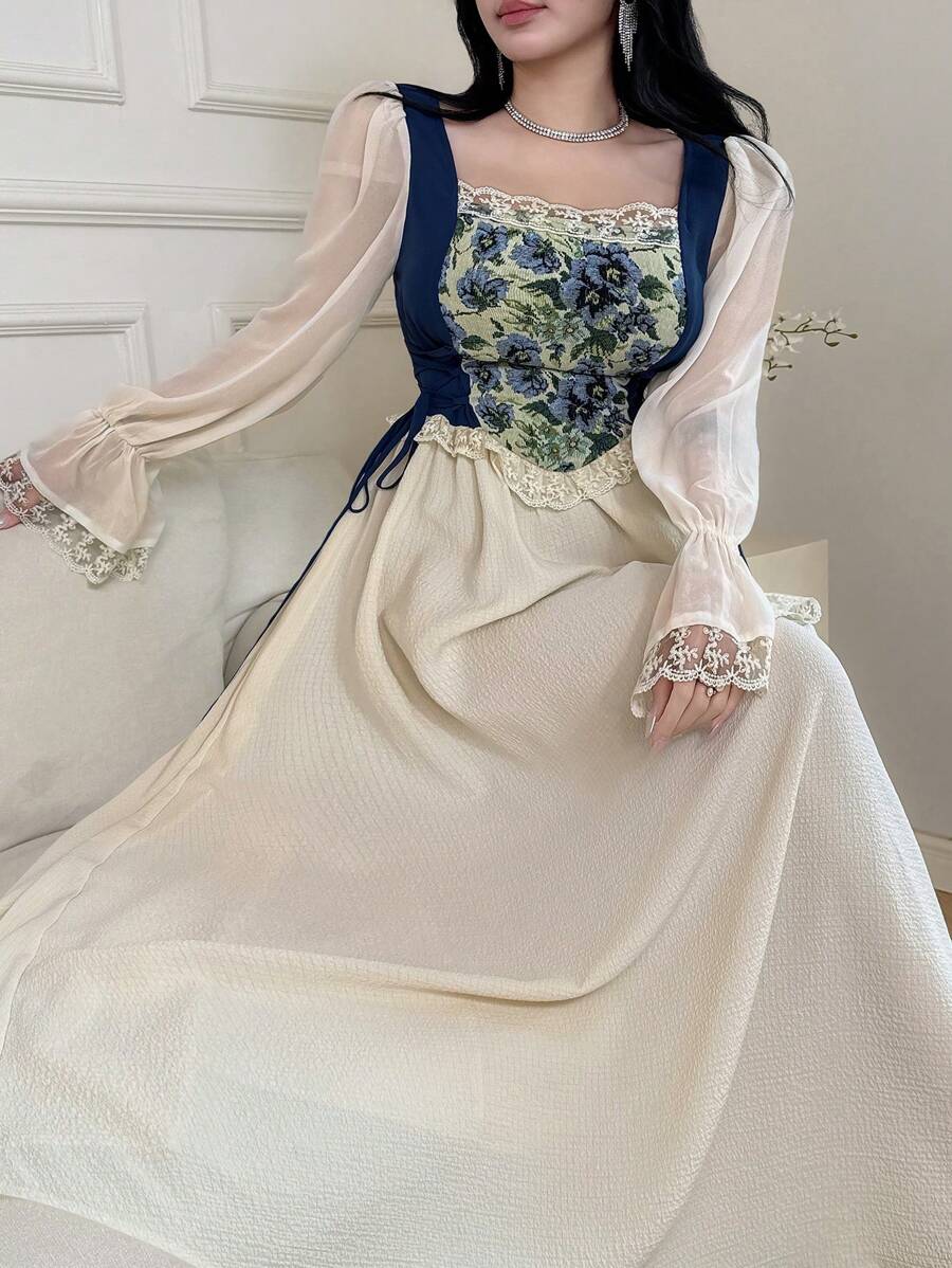 Feyla 女士休闲宽松方领长裙，适合夏季 - 米色 - 查看 1