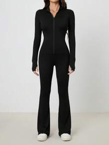 SHEIN Tall 2pcs/Set Women Solid Color Zip Up Long Sleeve Top And Wide Leg Long Pants,Summer Sets - Black - View 8