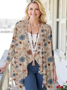 EMERY ROSE Plus Size Women Khaki Ditsy Floral Long Sleeve Jacket, Suitable For Autumn/Winter Fall - Multicolor - View 1