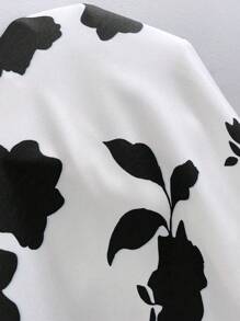 SHEIN CURVE+ Plus Size Women's Casual Woven Printed V-Neck Roll Cuff Loose Regular Blouse For Summer - Black - View 5