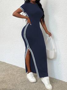 Xyvia Women's Slim Fit Round-Neck Contrasting Color Trim Split Dress For Spring And Summer Maxi Women Outfit - Navy Blue - View 5