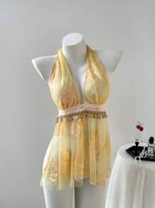 Elamini 女士 Y2K 性感露背蕾丝吊带短款上衣，适合音乐节 - 黃色 - 查看 1