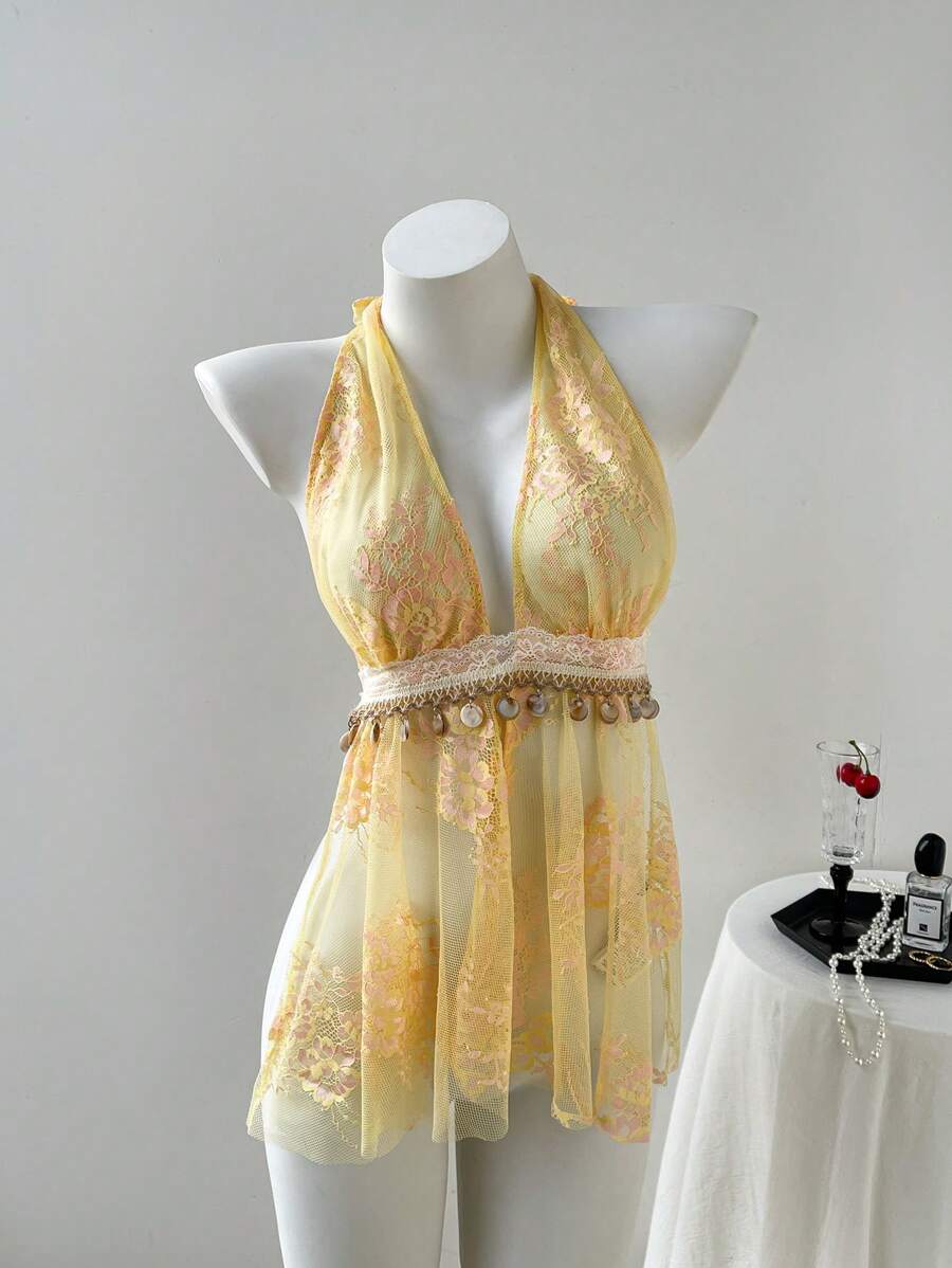 Elamini 女士 Y2K 性感露背蕾丝吊带短款上衣，适合音乐节 - 黃色 - 查看 1