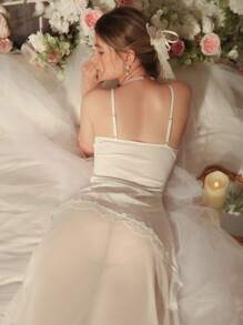 DelicateAllure Spaghetti Strap Mesh & Contrast Lace Sexy Women Nightgown, Holiday Season - White - View 2