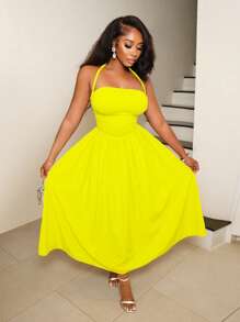 BamGleam 女士时尚纯色褶皱无袖中长连衣裙