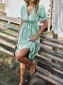 Breezaya 垂直条纹荷叶边袖流苏系带领口荷叶边下摆连衣裙长款女装 - 綠色 - 查看 4