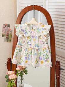Souflis Souflis 年轻女孩保守复古风格碎花盖袖上衣，甜美复古风格夏季 - 彩色 - 查看 1