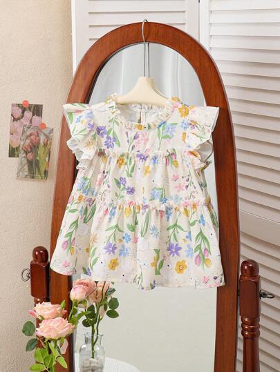 Souflis Souflis 年轻女孩保守复古风格碎花盖袖上衣，甜美复古风格夏季