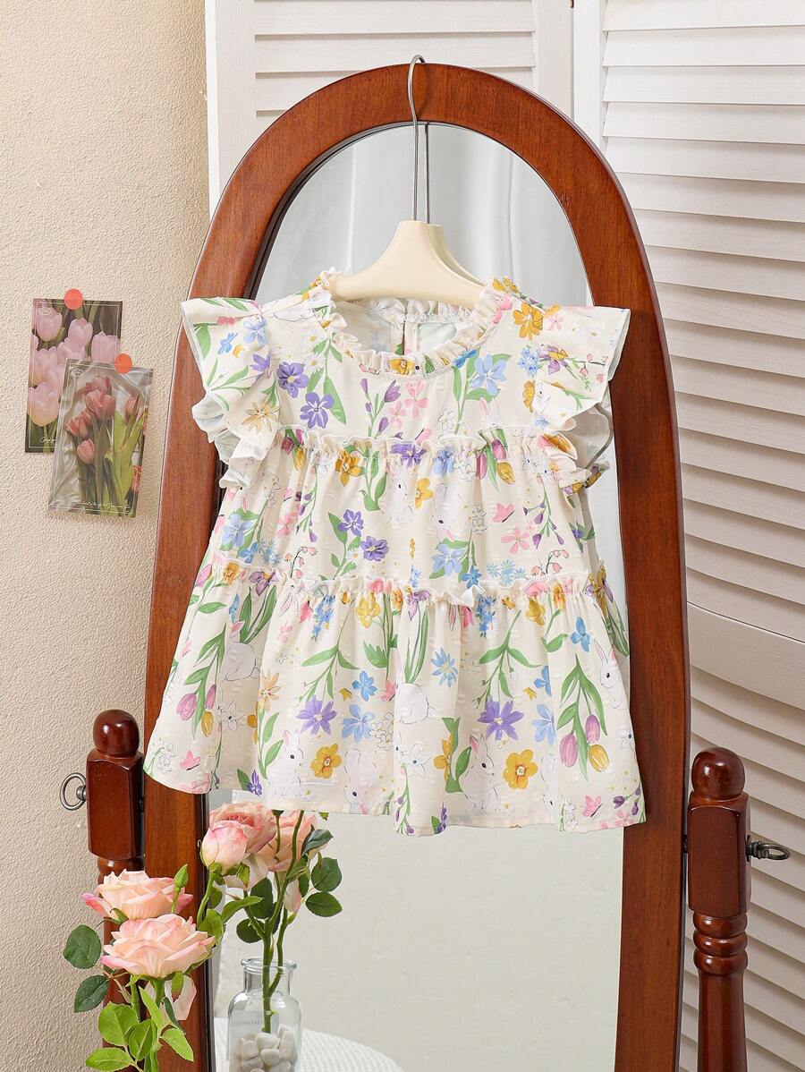 Souflis Souflis 年轻女孩保守复古风格碎花盖袖上衣，甜美复古风格夏季 - 彩色 - 查看 1