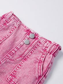 女婴中号水洗松紧腰柔软舒适宽松高腰阔腿牛仔裤 - 粉色 - 查看 3