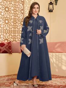 Al Najma 加大码女式优雅春秋立领时尚刺绣设计阿拉伯长袍、长袍、端庄 - 藏蓝色 - 查看 1