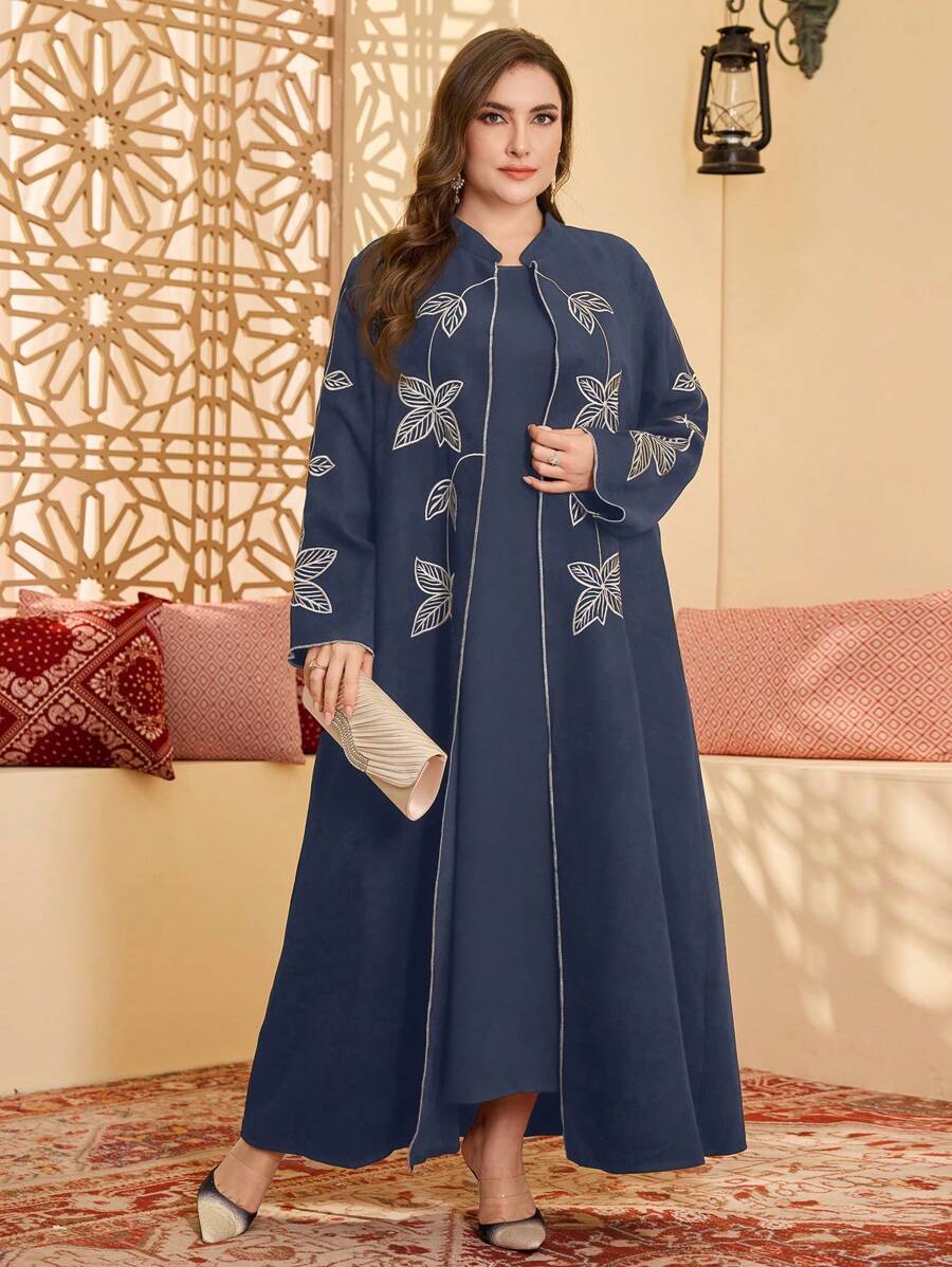 Al Najma 加大码女式优雅春秋立领时尚刺绣设计阿拉伯长袍、长袍、端庄 - 藏蓝色 - 查看 1