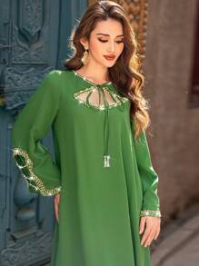Layrah 女式系领长袖手工串珠装饰阿拉伯风格连衣裙 - 綠色 - 查看 3