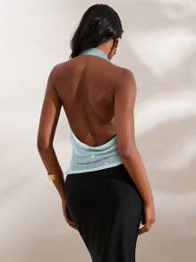 Opulessa 1pc Women Solid Color Knit Draped Neck Fitted Tank Top, Sparkly Rave Top, Summer Beach Outfits, Sexy Club Outfits - Baby Blue - View 2