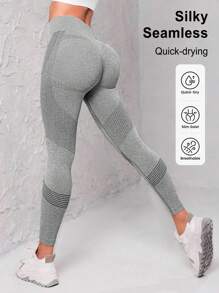 Easithlete Quần legging thể thao cạp rộng không đường may dành cho nữ tập yoga - Màu Xám nhạt - Xem 3