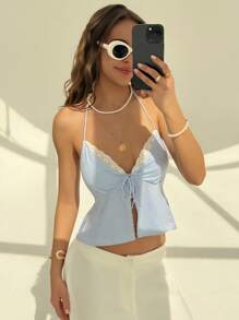 Aloruh Romantic Vacation Sexy Racerback Blue Striped Lace-Up Camisole For Women
