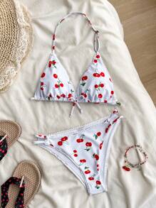 SHEIN Leap Crew Teen Girls Seaside Vacation Cute Cherry Print V-Neck Bikini Set, Beach Outfit Bathing Suit Summer,Summer Beach - Red and White - View 1