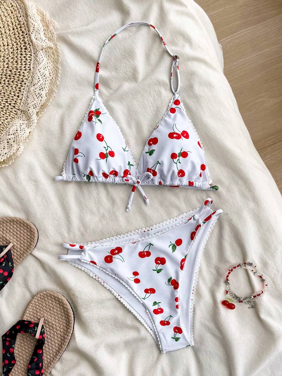 SHEIN Leap Crew Teen Girls Seaside Vacation Cute Cherry Print V-Neck Bikini Set, Beach Outfit Bathing Suit Summer,Summer Beach - Red and White - View 1
