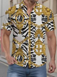 Manfinity Homme 金链、金怀表、斑马纹时尚休闲全身图案印花修身男式短袖衬衫 - 彩色 - 查看 2