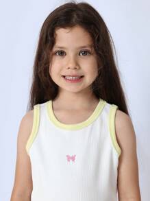 SUMWON Top sin mangas acanalado con detalle de mariposa para niñas, top básico casual y deportivo de verano, top de moda con ribete amarillo para uso diario