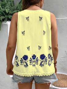 Plus Size Women Floral Printed Lace Patchwork Loose Tank Top For Summer Holiday Graphic Tees Women Tops - Multicolor - View 2